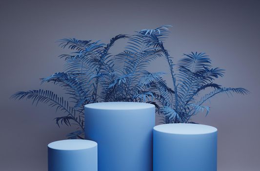 cylindrical podium for product display with plants behind. monochromatic blue scene. 3d render