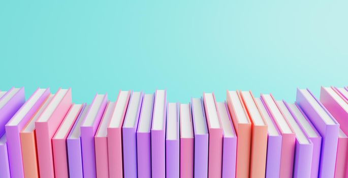 row of gradient pastel colored books with blue background and space for text. 3d render