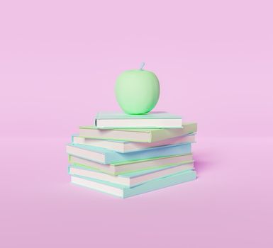 pastel colored stack of books with apple on top. minimalistic pastel colored scene. 3d render