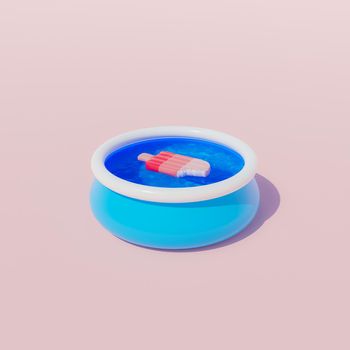 minimalistic scene of inflatable pool with ice cream float in water. 3d render