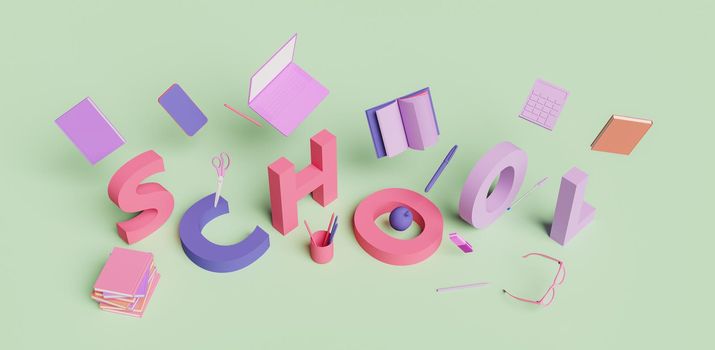 isometric sign with the word SCHOOL and school accessories around it. minimalistic scene. back to school. 3d render