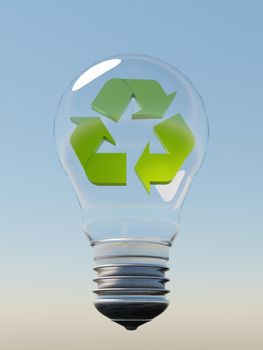 glass bulb suspended in the air with a blue sky in the background and a green recycling symbol inside it. 3d render
