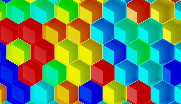 background of randomly colored hexagons forming cubes with shading. 3d illustration