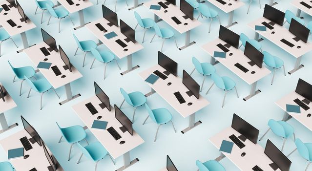 abstract pattern of modern desks with computers on minimalist blue background. concept of education, e-learning and back to school. 3d render