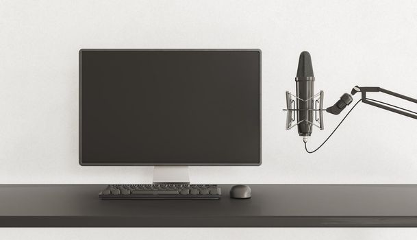 minimalist mockup of pc monitor on empty desk with microphone next to it. concept of podcast, recording and streaming studio. 3d render