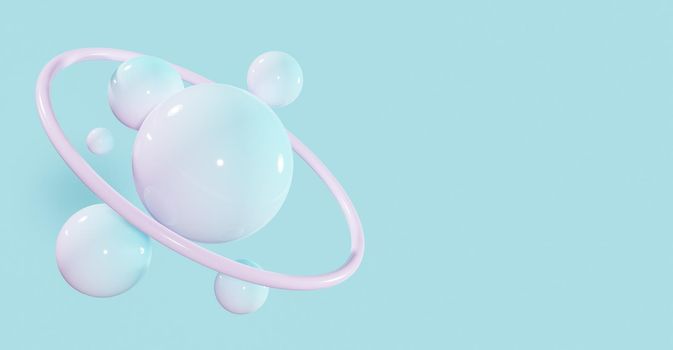 abstract background of spheres with blue and pink gradient pastel colors, pink ring around and blue background. space for text. 3d render