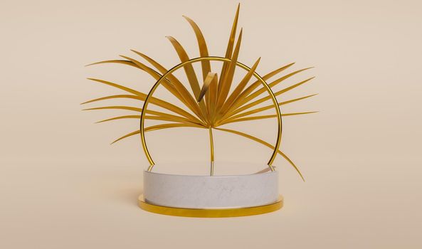 gold and marble stand with palm leaf for cosmetic product display. 3d render