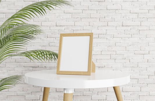 mockup of portrait frame on white coffee table with brick wall in the background and potted leaves on one side. bright room. 3d render