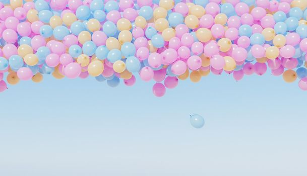 background full of pastel colored balloons flying with clear sky and space for text. 3d render