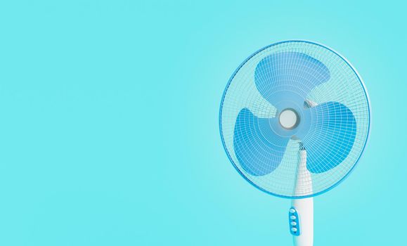 closeup of blue standing fan with space for text. 3d render