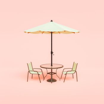 minimal scene of terrace table with chairs and big umbrella on pastel color background. 3d render