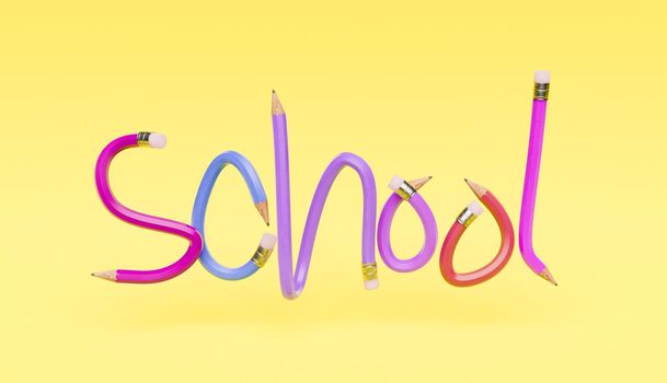 colored pencil sign with the word SCHOOL on yellow background. concept of education and back to school. minimalistic scene. 3d render