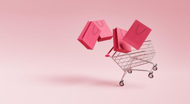 shopping cart with bags on it floating in the air. space for text. minimal concept. 3d render