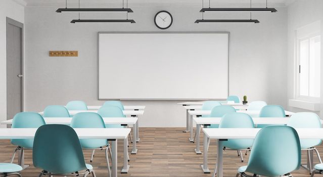 classroom with whiteboard and empty desks. education concept, back to school. 3d render