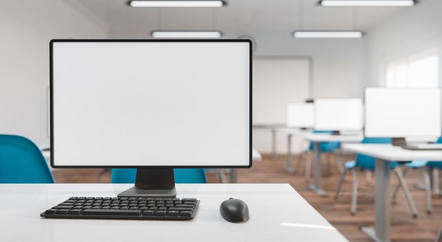 mockup of computer monitor on a school desk with the classroom out of focus in the background. concept of education, technology and back to school. 3d render