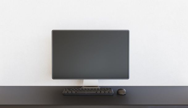 minimal pc monitor mockup on empty desk with keyboard and mouse. 3d render