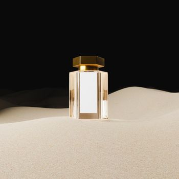 glass fragrance bottle with golden cap and white label on desert sand with dark background. design presentation. cosmetics display. 3d render