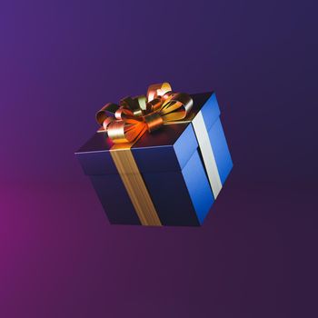 dark gift box floating with neon lighting and golden ribbon. minimal and futuristic concept. 3d render