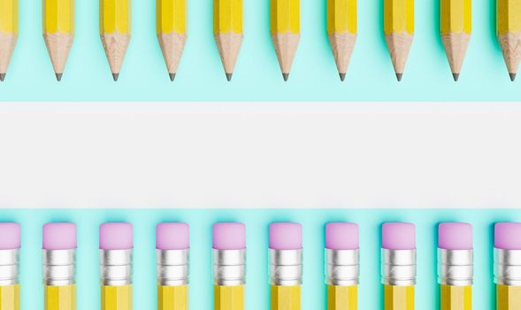 top view of row of pencils with white band in the center for writing text. back to school, education and learning concept. 3d render