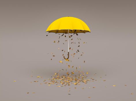 yellow umbrella with dry leaves falling from inside on grey background. concept of autumn, winter and back to school. 3d render