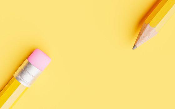 close-up of the tip of a pencil and eraser pointing to the center on a yellow background. 3d render