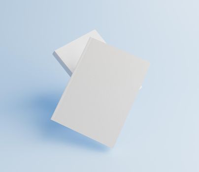 mockup suspended in the air of white books with rough texture on a light blue background. 3d render