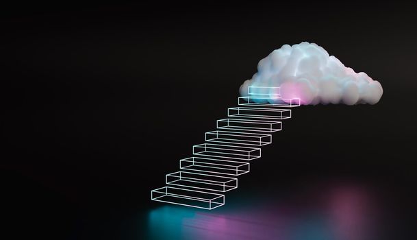 Red and blue neon stairs going up to a cloud with dark background and reflections. 3d render