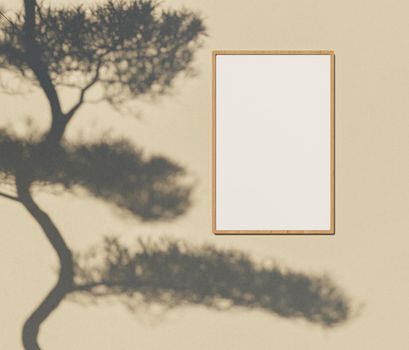 mockup of wooden frame on rough wall with pine shade. 3d render