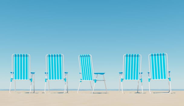 beach chairs on the sand with the sea in the background and clear sky. summer concept. 3d render