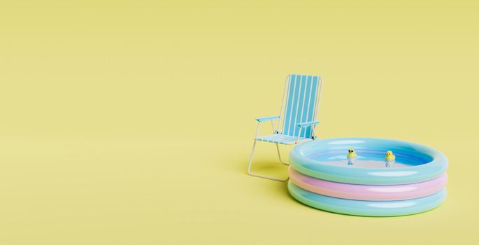 small inflatable pool with rubber ducks inside and outdoor chair next to it. minimalistic scene. children's summer concept. space for text. 3d render