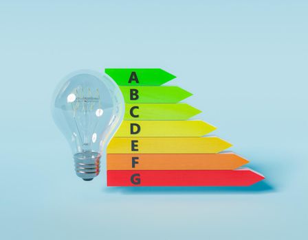 light bulb with energy efficiency bars on blue background. minimalistic scene. 3d render