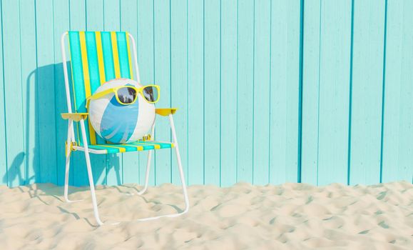 ball with sunglasses on top of a chair on beach sand with blue wooden wall and space for text. 3d render