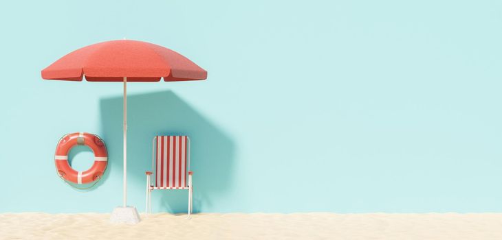 beach lifeguard stand with chair, umbrella and float on beach sand with blue background wall. copy space. 3d render