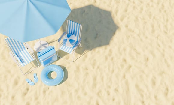 top view of chairs with umbrella and beach accessories on sand. summer vacation concept. 3d render