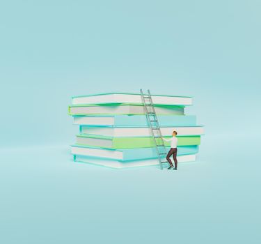 stack of pastel colored books with stairs and a person climbing them. concept of knowledge, learning, success. minimalistic scene. 3d render