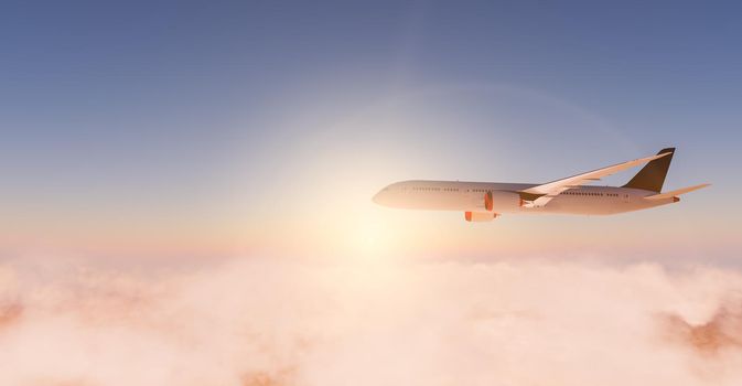 side view of a passenger plane flying over the clouds with a flare of the sun behind. travel and vacation concept. 3d render