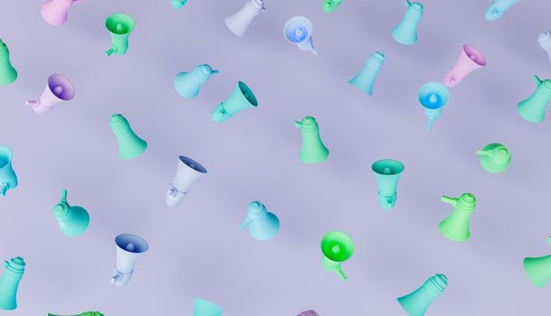pattern of pastel colored megaphones floating haphazardly on a background with soft shadow. concept of sales and offers. 3d render
