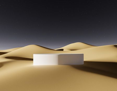 cylindrical podium for product display on desert dunes with starry sky. 3d render