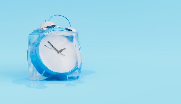 alarm clock inside an ice cube melting on blue background. concept of time, summer, heat and end of vacations. 3d render