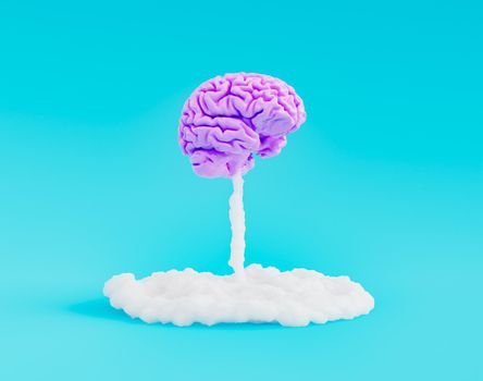 brain taking off from the ground with a cloud of smoke underneath. minimal concept of brainstorming, creativity and learning. 3d render