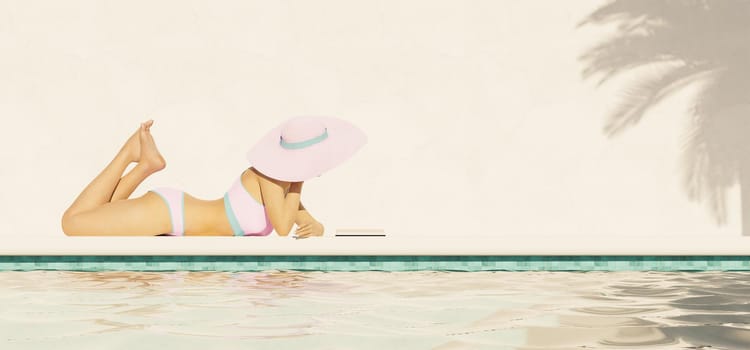 shot from the water of a swimming pool of a caucasian girl lying on the curb with pink bikini and pamela reading a book. 3d render. model render