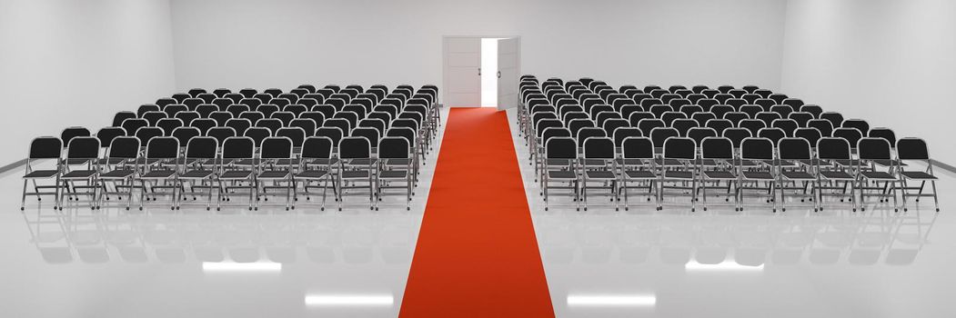 conference room full of chairs with a red carpet in the middle and a door at the back. 3d illustration