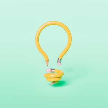light bulb shaped pencils on minimalistic pastel green background. idea, education and art concept. 3d render