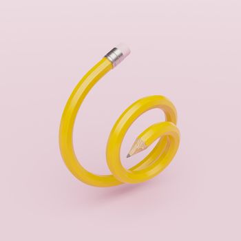 yellow pencil in spiral shape in concept of creativity and education. minimalist abstract scene. 3d render