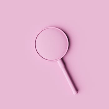 minimalist illustration of a pink monochrome magnifying glass. concept of research, learning and searching. 3d render