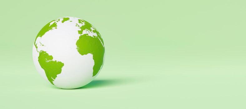 banner with white and green planet earth on green background. environment concept. 3d rendering