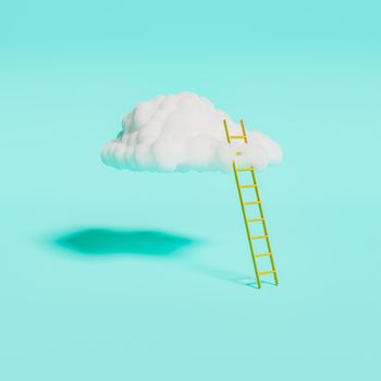 cloud with yellow Ladder leaning on it on pastel background. minimal concept. 3d render
