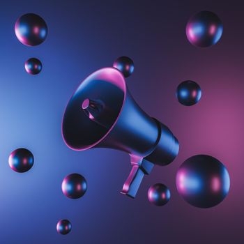 minimal megaphone with neon lighting and metal spheres floating around. futuristic concept of offers, sales, speech and attention. 3d render