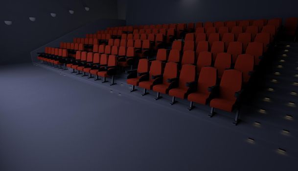 empty movie theater illuminated by a projector and red seats. 3d render