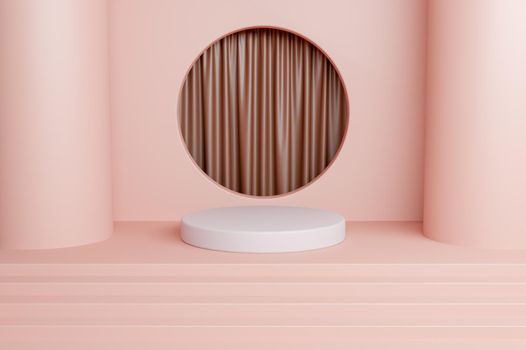 abstract mockup for product with curtains and circular pastel colored window . 3d render